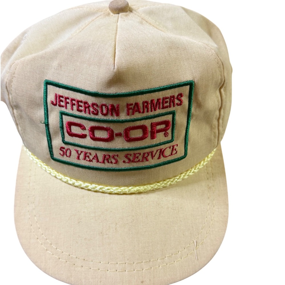 Jefferson Farmers Co Op 50 Years Service Yellow Rope Hat K-Products Made USA